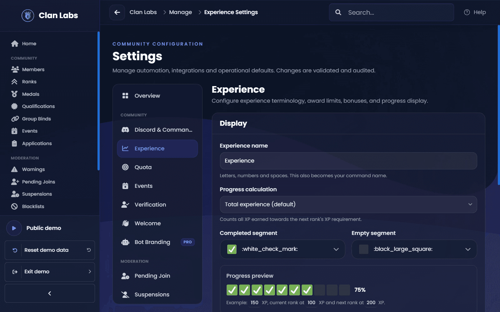 V3 experience settings for configuring member progression with demo data